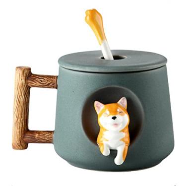 Imagem de Scizorito Linda xícara de casal de cães, caneca de café de cerâmica com tampa, patas fofas na parte superior da colher, design tridimensional Shiba Lnu fofo, com textura fosca, (cabeça verde de 420 ml)