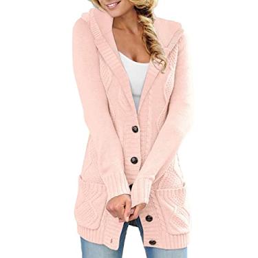 Imagem de Cardigã feminino com capuz frente aberta suéter de tricô de cor sólida casacos longos de manga longa solta com bolsos, 14, G