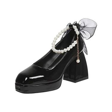Imagem de Sapatos femininos fashion Mary Jane sapatos de salto alto de couro plataforma versátil cabeça quadrada pérola sandálias saltos para, Preto, 7.5