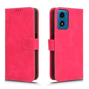 Imagem de Capa para celular, compatível com Motorola Moto G04/G24 capa com suporte para cartão, capa flip capa carteira de couro PU com alça de pulso capa protetora à prova de choque (cor: rosa vermelho)