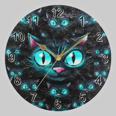 Imagem de CHIFIGNO Relógio de parede redondo de gato preto com olho azul, relógio de parede operado por bateria, relógios decorativos silenciosos para escritório, casa, cozinha