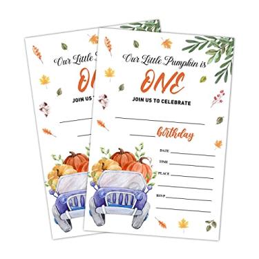 Imagem de LWBEO Cartões de convite de 1º aniversário, convites de festa de caminhão de abóbora, suprimentos de decoração de festa de feliz aniversário infantil, 20 cartões de preenchimento com envelopes para