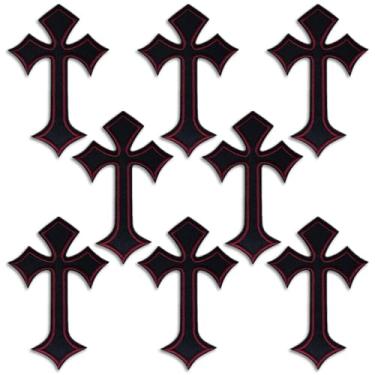 Imagem de Remendos cruzados ferro sobre bordado cruz aplique patch, adesivos de decoração DIY para roupas jeans jaquetas mochilas chapéus camisas (8 peças preto vermelho)