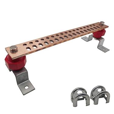 Imagem de MOKIKUBA Barra de barramento de aterramento de cobre, kit de barra de aterramento multiuso 40,6 cm x 5 cm x 25 x 25 com posições de terminal de 34 x 0,41 e isoladores de barramento de material UL