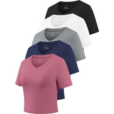 Imagem de Cosy Pyro Camisetas femininas cropped de manga curta e modelagem seca com gola V para ioga, Preto/Branco/Cinza/Azul Marinho/Rosa Rosa, G