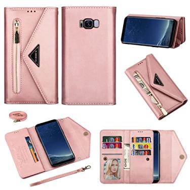 Imagem de Furiet Capa carteira para Samsung Galaxy S8 bolsa de couro flip com zíper bolsa com suporte para cartão de crédito, alça de ombro transversal e alça de pulso capa de telefone para S 8 8S Edge SM-G950U