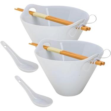 Imagem de Tasse Verre Conjuntos de tigelas de macarrão ramen com pauzinhos de bambu e colher de cerâmica para sopa, salada, pho, udon, frutas (tigela de porcelana de 1,134 g) - branco - pacote com 2
