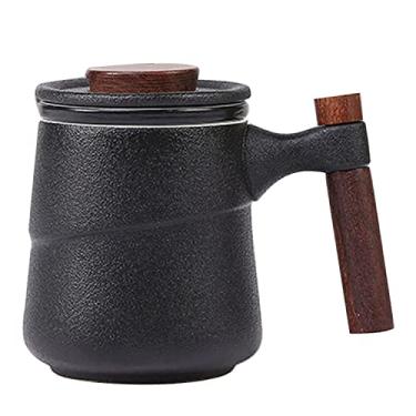 Imagem de NCQIXIAO Xícara de chá com infusor e tampa, canecas de chá retrô com infusor, caneca de café de cerâmica com alça de madeira com tampa para infusão de chá de folhas soltas, 320 ml (preto)