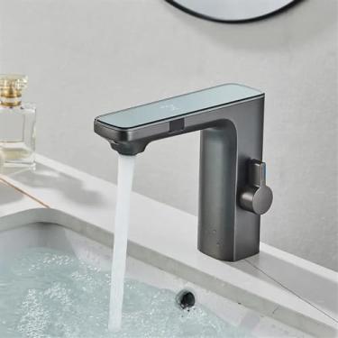 Imagem de Torneira de lavatório, torneira de pia de banheiro inteligente, display digital de latão torneira de pia de banheiro Sense torneira misturadora de água quente e fria (cor: cinza)