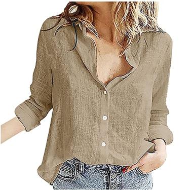 Imagem de Camiseta feminina de linho de verão, gola V, botões, manga comprida, folgada, cor lisa, camiseta para sair, Café, P