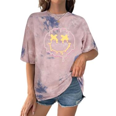 Imagem de SOFIA'S CHOICE Camisetas femininas grandes tie dye gola redonda manga curta casual verão, Azul Rosa Sorridente Sace, G