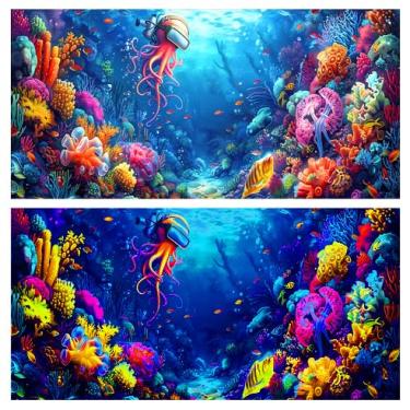 Imagem de Dtekoj 72X24IN Oceano Luz Negra HD 3D Fundo de Aquário Luz Negra Fundo de Polvo UV Reativo Fundo de Terrário com 10 Fita Dupla Face EVA com 10 Fita Dupla Face EVA