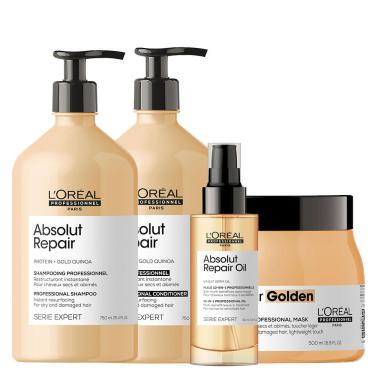 Imagem de Kit L'oréal Professionnel Serie Expert Absolut Repair Gold Quinoa - Shampoo 750 Ml + Condicionador 750 Ml + Máscara Golden 500 G + Óleo 90 Ml