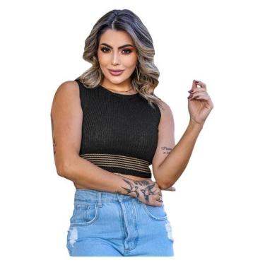 Imagem de Cropped Listras Finas Blusa Regata Tricot Feminina - EUC STORE, Preto,