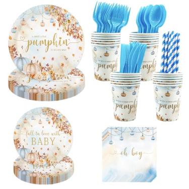 Imagem de AIBIIN Baby Shower Party Pumpkin Set Autumn Oh Boy A Sweet Little Pumpkin Is On His Way Disposable Pumpkin Plates Cups Towels Plastic Knives Forks Straws for 24 Guests Party Decorations for Boys