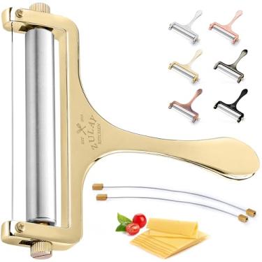 Imagem de Zulay Kitchen Fatiador de queijo com espessura ajustável – fatiador de bloco resistente com 2 fios extras – ideal para mussarela, cheddar, gouda - dourado