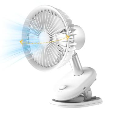 Imagem de Ventilador USB com clipe oscilante para cama, ventilador operado por bateria de 5000 mAh para mesa, mini ventiladores pequenos recarregáveis portáteis para escritório, carrinho de bebê, quarto e