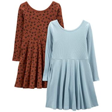 Imagem de Simple Joys by Carter's Pacote com 2 vestidos canelados elásticos para meninas, Estampa animal marrom/azul empoeirado, 6