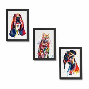 Imagem de Kit 3 Quadros Moldura Preta Cachorro Gato Colorido 30x40cm - PlimShop