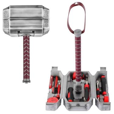 Imagem de TOKKOT Caixa de ferramentas Thor Hammer, conjunto multifuncional de ferramentas de reparo doméstico excelente ferramenta de mão novidade presente para homens como adereço de Halloween martelo cosplay