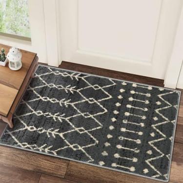 Imagem de GlowSol Tapete de área 2x3 Boho Tapete de entrada sem queda tapete interno contemporâneo marroquino tapete interno para entrada interna/externa, cinza escuro