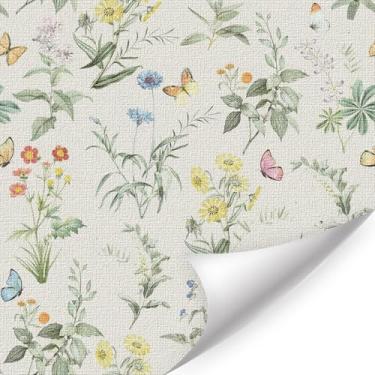 Imagem de LHIUEM Papel de parede floral bege plantas elegante país francês descascar e colar papel de parede (17,7 x 118 polegadas) papel de parede margarida botânico rosa rosa papel de parede borboleta casa de