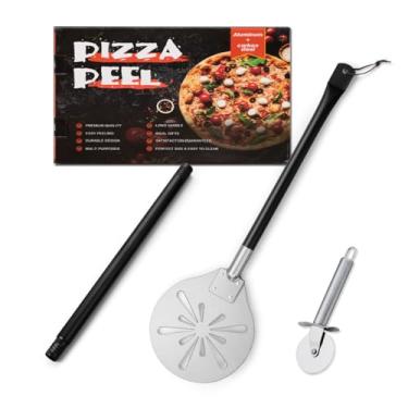 Imagem de Peeling de pizza com roda de cortador de pizza, espátula perfurada HaSteeL de 20 cm com cabo longo, giratório de aço inoxidável leve para acessórios de forno de pizza doméstico e comercial, grau