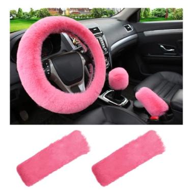 Imagem de Yourkar Conjunto de 5 capas de volante fofas, capa de volante de lã sintética, capa de freio de mão, capa de câmbio de marcha e 2 almofadas de ombro para cinto de segurança, acessórios universais para