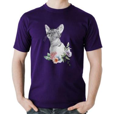 Imagem de Camiseta Algodão Gato e Flores - Foca na Moda, Roxo, G