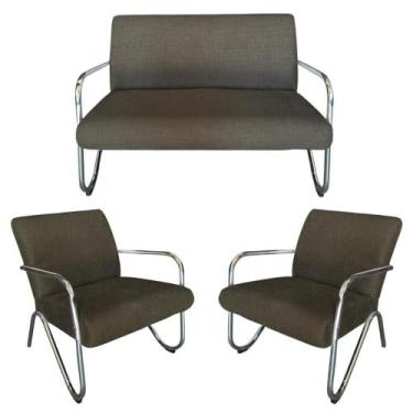 Imagem de Kit Namoradeira + 2 Poltronas Decorativa Bela Linho Marrom Braço Croma