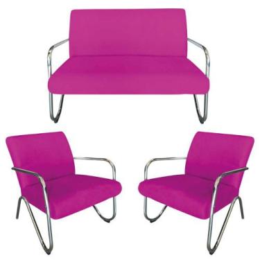 Imagem de Kit Namoradeira + 2 Poltronas Decorativa Bela Couro Rosa Pink Braço Cr