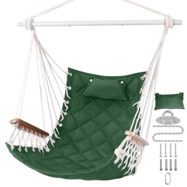 Imagem de ROOITY Cadeira de rede para pendurar com apoios de braços de madeira; barra de aço, travesseiros, kit de ferragens incluído; tecido de algodão; até 158 kg, para ambientes internos e externos, verde