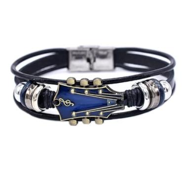 Imagem de Pulseira retrô de couro sintético, pulseira de couro de guitarra rock, liga de zinco, punk, trançada, multicamadas, forma de guitarra, decorativa, presente para entusiastas musicais, 20.5cm, Zinco,