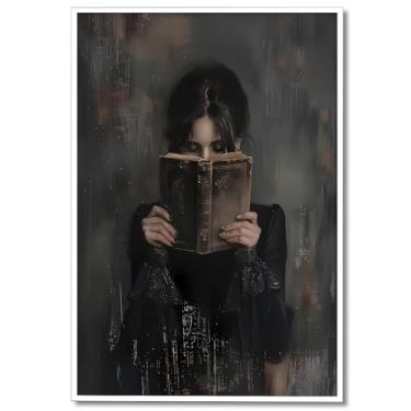 Imagem de Arte de parede em tela Moody Woman Read A Book, pôster de retrato feminino místico, estética de quarto infantil, imagem estilo pintura a óleo, decoração de parede de estúdio vintage para sala de