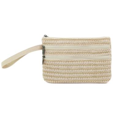 Imagem de BBORGDC Bolsa clutch com zíper com alça destacável, pequena bolsa transversal de tecido e bolsa de pulso, bolsa de palha trançada compacta para itens essenciais do dia a dia, férias na praia e