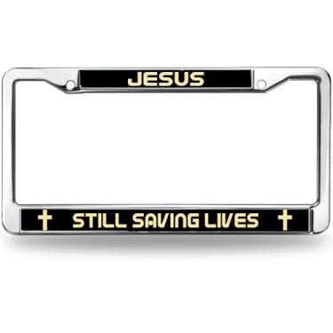 Imagem de Moldura para placa de licença Jesus Still Saving Lives Chrome Christ God is the Light Easy Installation License Plate Frame with Chrome Screw Caps