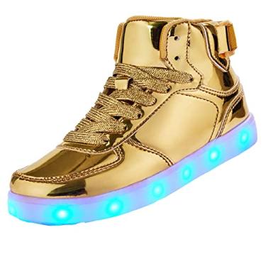 Imagem de DIYJTS Tênis infantil com luz de LED, tênis de cano alto com LED, recarregável por USB, sapatos luminosos, para meninos e meninas, Dourado, 3 Little Kid
