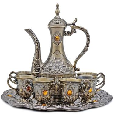 Imagem de Conjunto vintage de bule de café turco, incluindo bule de chá (20 cm de altura), bandeja de chá, 6 xícaras de metal, conjunto de serviço de chá para decoração de casa e mesa