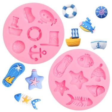 Imagem de Moldes de silicone da série de praia, moldes de fondant de leme de âncora de navio pirata, boias salva-vidas, chinelos de estrela-do-mar, formas de chocolate para decoração de bolos, enfeite de