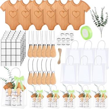 Imagem de 6 conjuntos de presentes para vencedores do jogo de chá de bebê, 44 peças, bambu, tábua de queijo, faca e garfo, hastes artificiais de eucalipto com cartões e sacos de presente (pano)