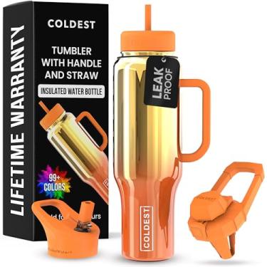 Imagem de Copo Coldest com alça e canudo - Copo 100% à prova de derramamento com canudo (3 tampas) - Copos isolados de aço inoxidável à prova de vazamento para mulheres e homens - Adequado para porta-copos