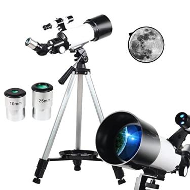 Imagem de CUTPOIY Telescópios para adultos, crianças e iniciantes, abertura de 70 mm, distância focal de 400 mm, telescópio astronômico profissional portátil com tripé de aço inoxidável ajustável, 2 oculares