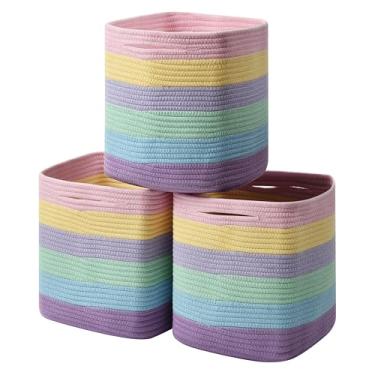 Imagem de Cesta de armazenamento de cubos, pacote com 3 cestas de corda de algodão trançadas, cesta de cubo de 28 cm com alças, ótima para prateleiras, armários, organização de brinquedos infantis (arco-íris