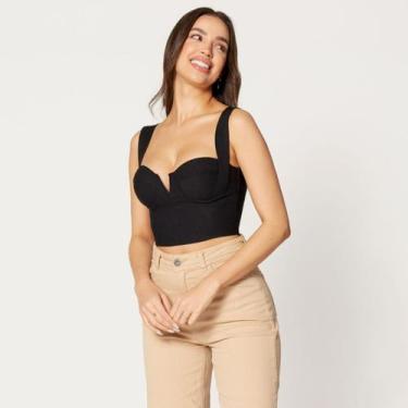 Imagem de Blusa Cropped com Decote V e Bojo Estruturado Preto - Sal Do Mar