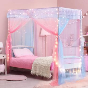 Imagem de YEERSWAG Cama De Solteiro Com Dossel E Luzes, Para Meninas Princesa Estrelas Luminosas, Cortinas Solteiro, Decoração Quarto Infantil, Beliche 4 Postes Canto Dormitório Estudantil, Azul Rosa