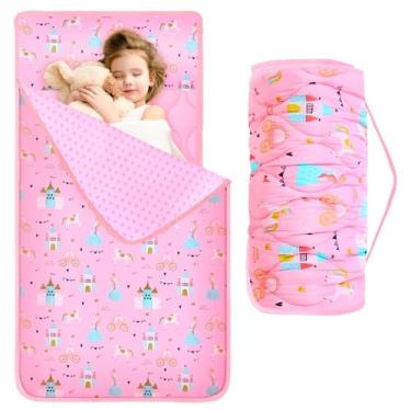 Imagem de Oudain Tapete de cochilo infantil com travesseiro e cobertor, 139 x 73 cm, extra grande, tapete de dormir infantil de algodão, creche, saco de dormir para jardim de infância, pré-escola, viagem