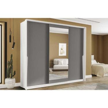 Imagem de Guarda Roupa Casal 3 Portas de Correr (1 c/ espelho) e 4 Gavetas Porto Branco/Cinza - Politorno