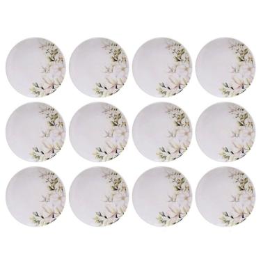 Imagem de Kit 12 Pratos de Sobremesa Porcelana Branca 21cm Floral Magnólia Tramontina Mesa Posta