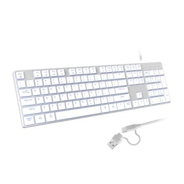 Imagem de POWZAN Teclado retroiluminado com fio para Windows/Mac, teclados finos de alumínio e bastante completos iluminados com interface dupla USB A/USB C, compatível com iMac, MacBook, iPad, laptop, PC -