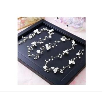 Imagem de Tiara Arranjo Cabelo Noiva Pérola Fio Flor Prata - Decastro